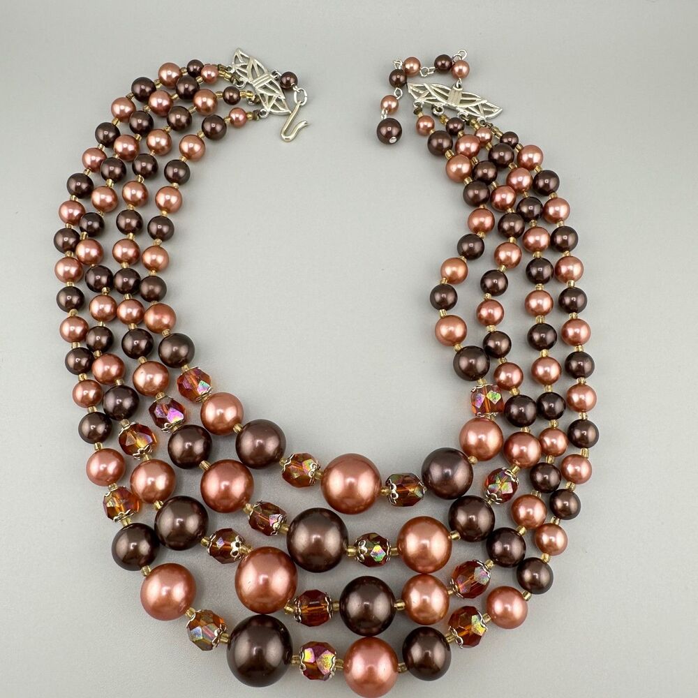 Vintage Japan Faux Pearl Necklace Multi Strand Topaz Root Beer Color AB Beads - Picture 3 of 16